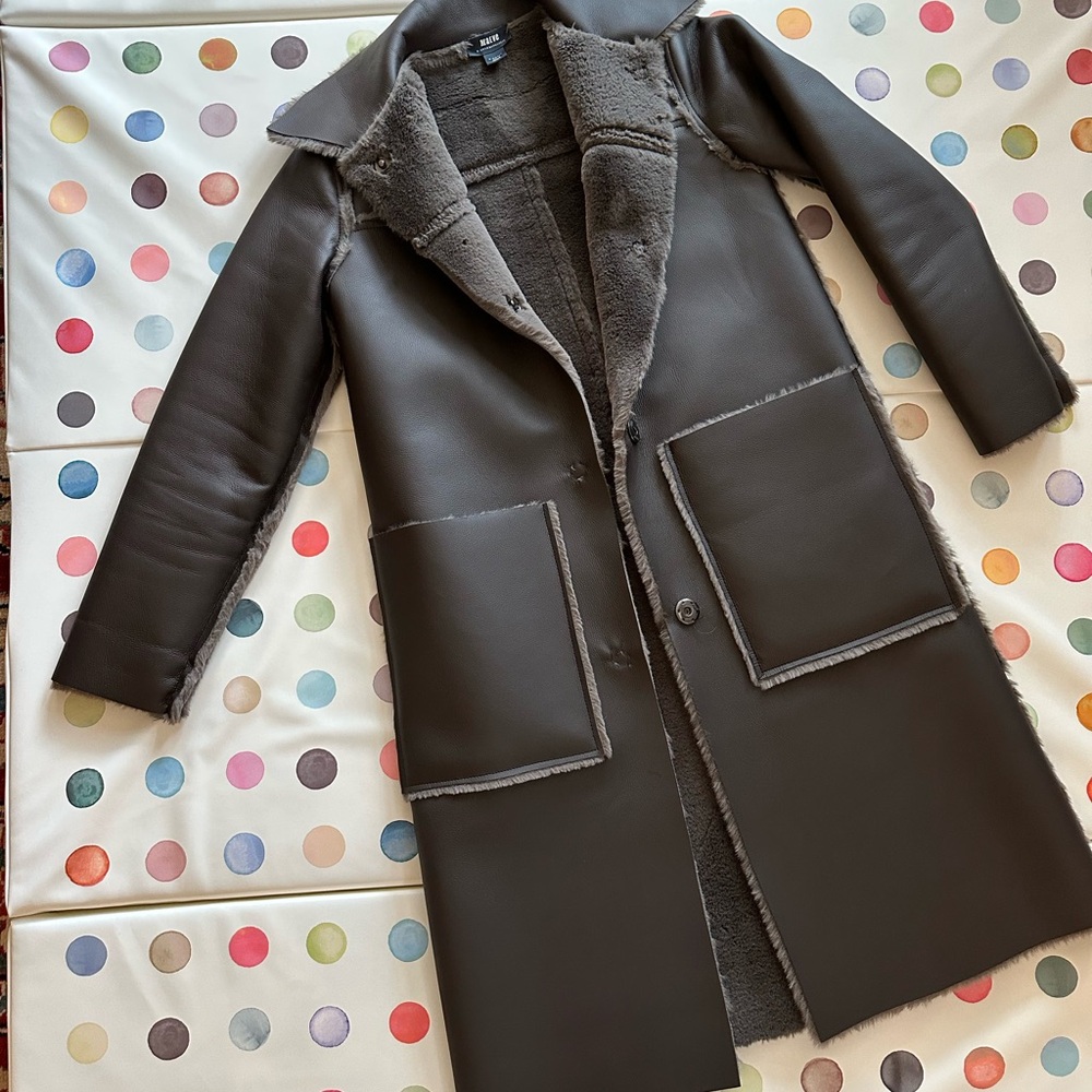 Brown Faux Leather Coat with Shearling Lining